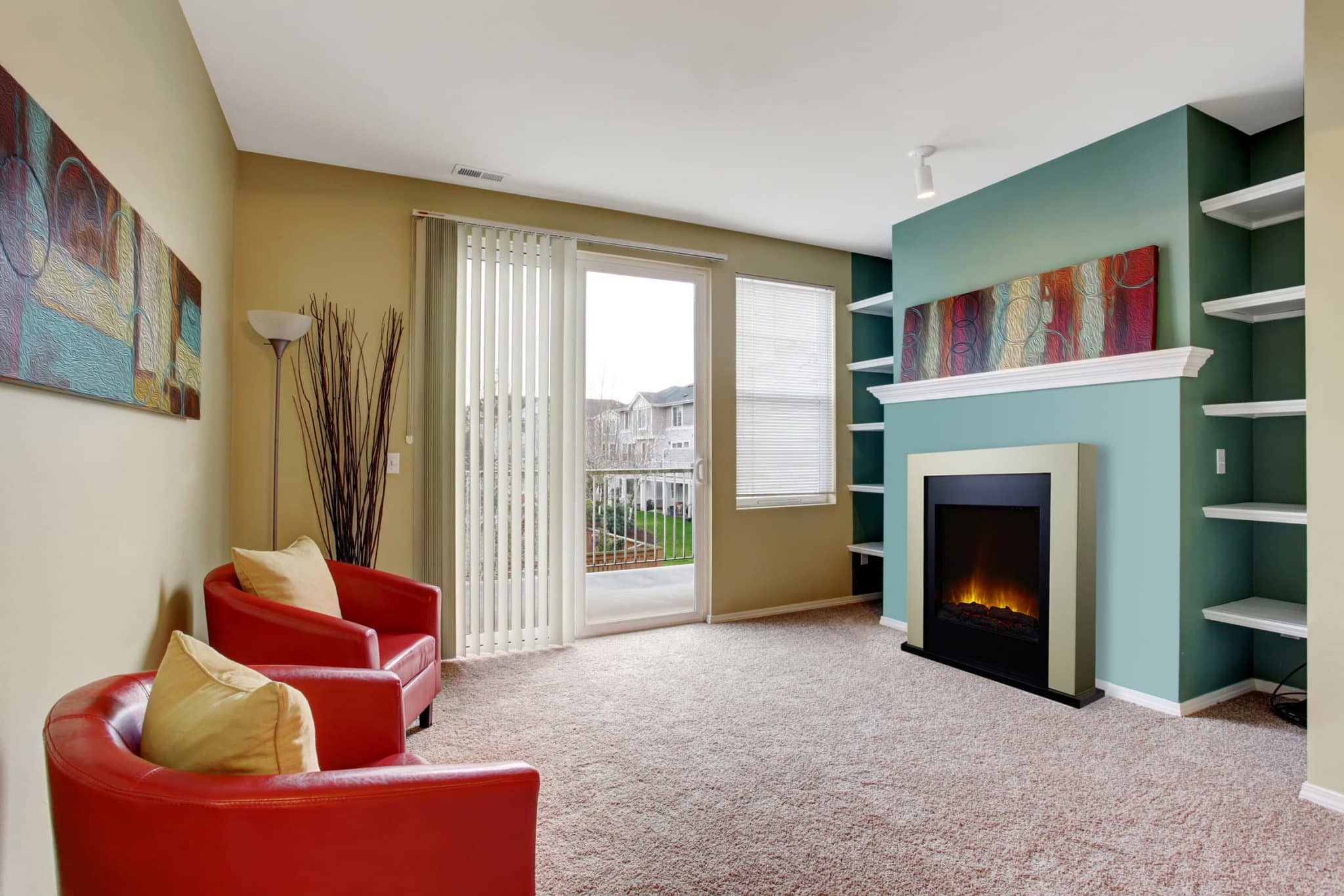 Carpet and fireplace in living room