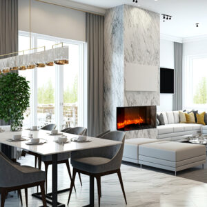 Modern living room with an open concept to the kitchen and dining area, as well as a marble fireplace with gas fire. Generative AI