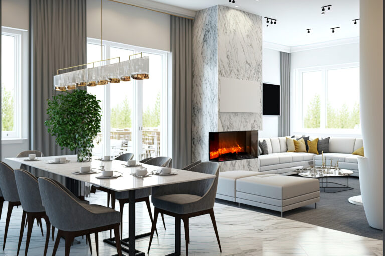 Modern living room with an open concept to the kitchen and dining area, as well as a marble fireplace with gas fire. Generative AI