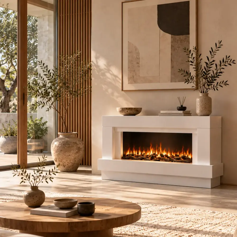 Cheminee electrique Linéa à poser 121 cm avec crépitement des flammes, bandeau accueil