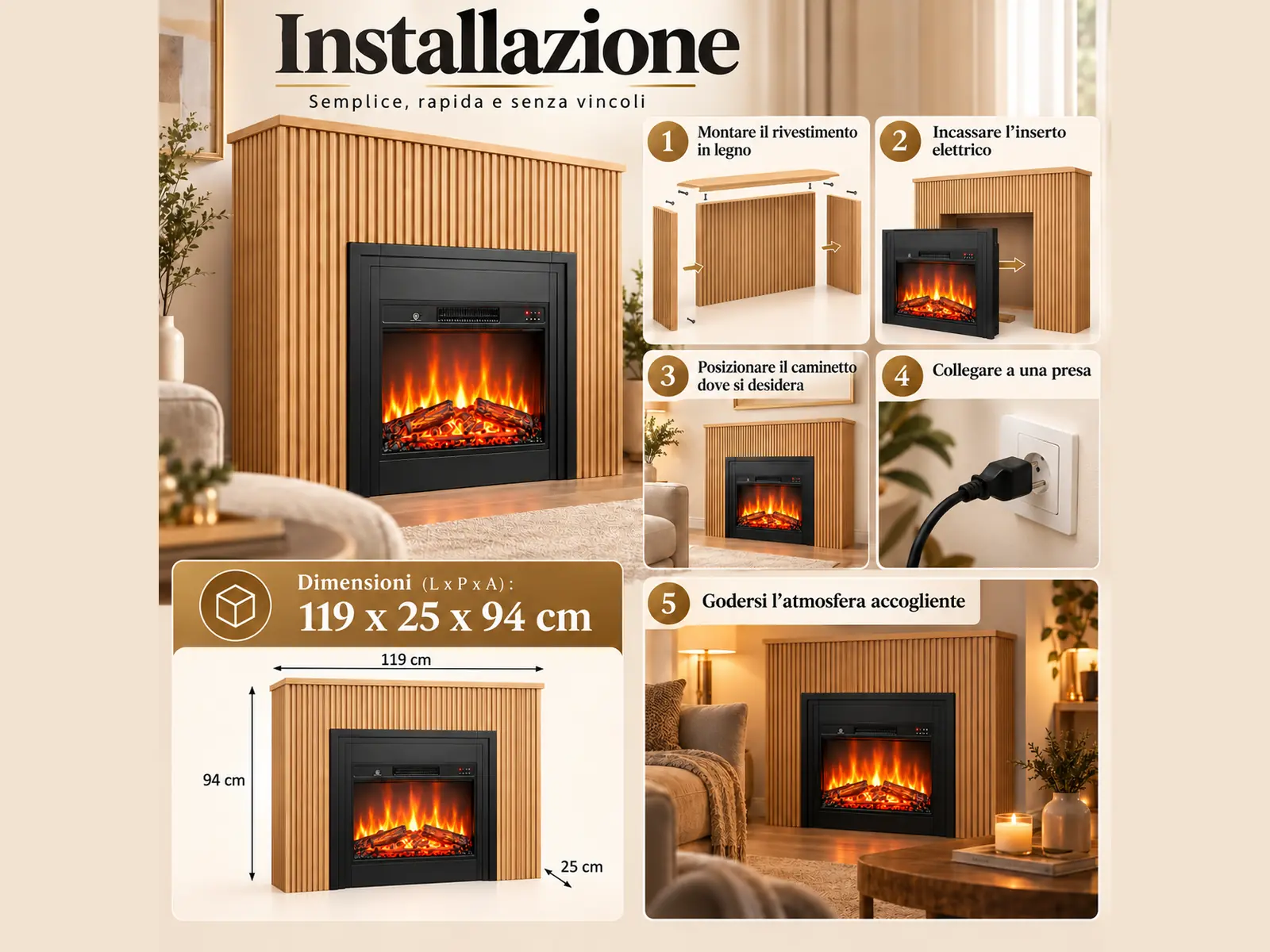 Camino elettrico da appoggio AMBRA – Effetto fiamme LED – Listelli di legno, installazione