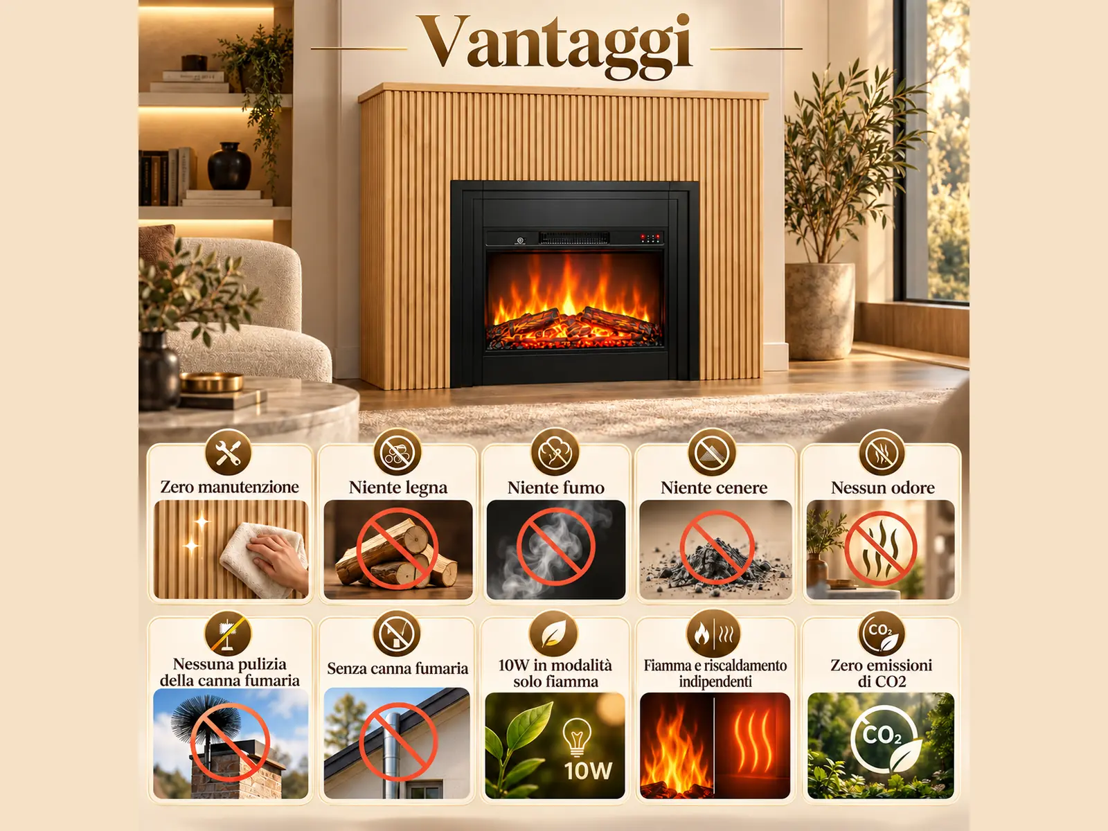 Camino elettrico da appoggio AMBRA – Effetto fiamme LED – Listelli di legno, vantaggi