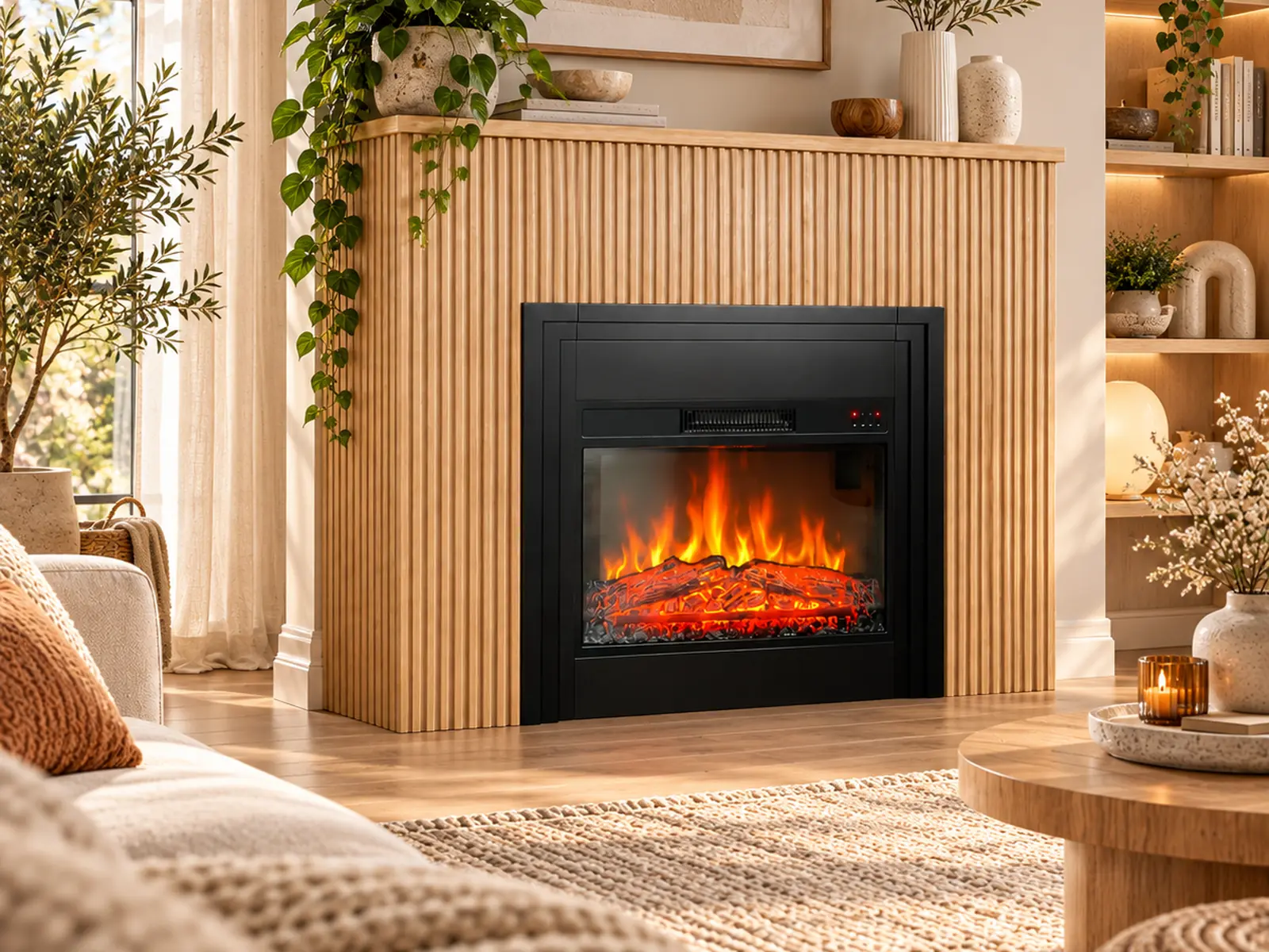 Cheminée électrique à Poser AMBRA – Effet Flammes LEDs – Tasseaux Bois, ambiance 1