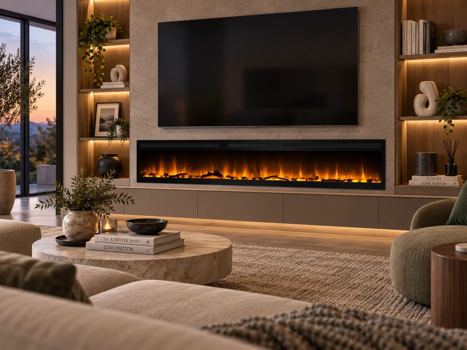 Cheminée électrique encastrable Elysée Infinity 228 cm, ambiance 1 Cheminée électrique encastrable Elysée Infinity 228 cm, ambiance 1