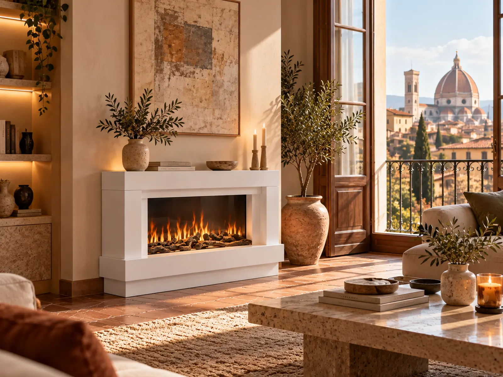 Linéa electric fireplace 121 cm with flame effect Leds colors and sound of crackling flames, lifestyle view 2