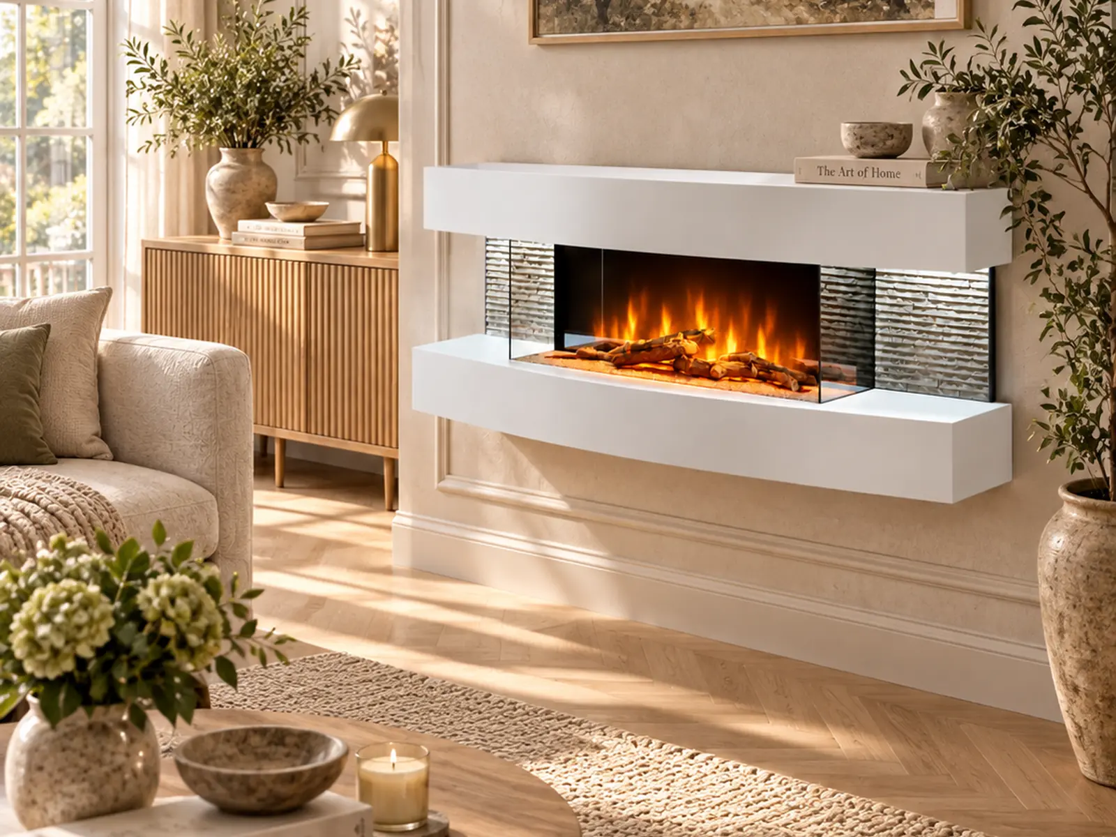 Cheminee electrique Murale Lounge Blanche 120cm, ambiance 1