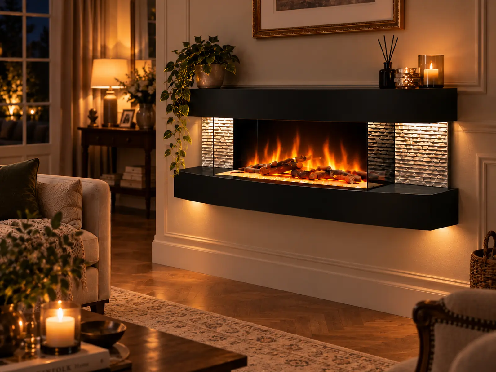 Cheminee electrique Murale Lounge Noire 120cm, ambiance 1