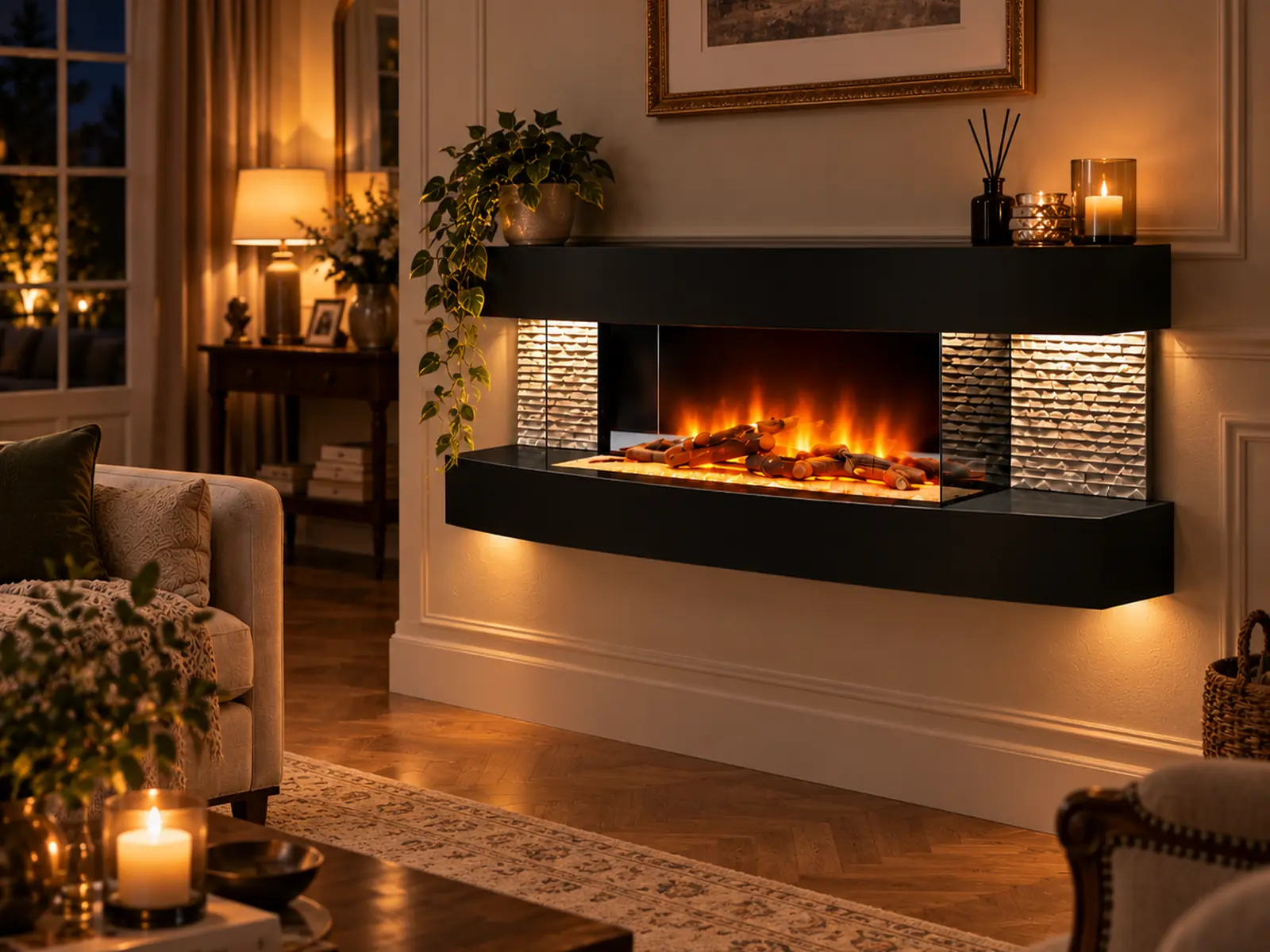 Cheminee electrique Murale Lounge Noire 120cm, ambiance 1