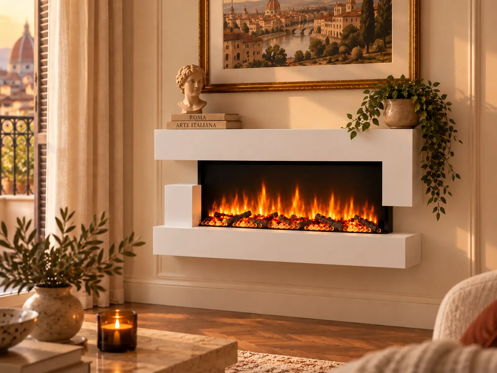Cheminee electrique Murale Quartz 121cm, ambiance 1