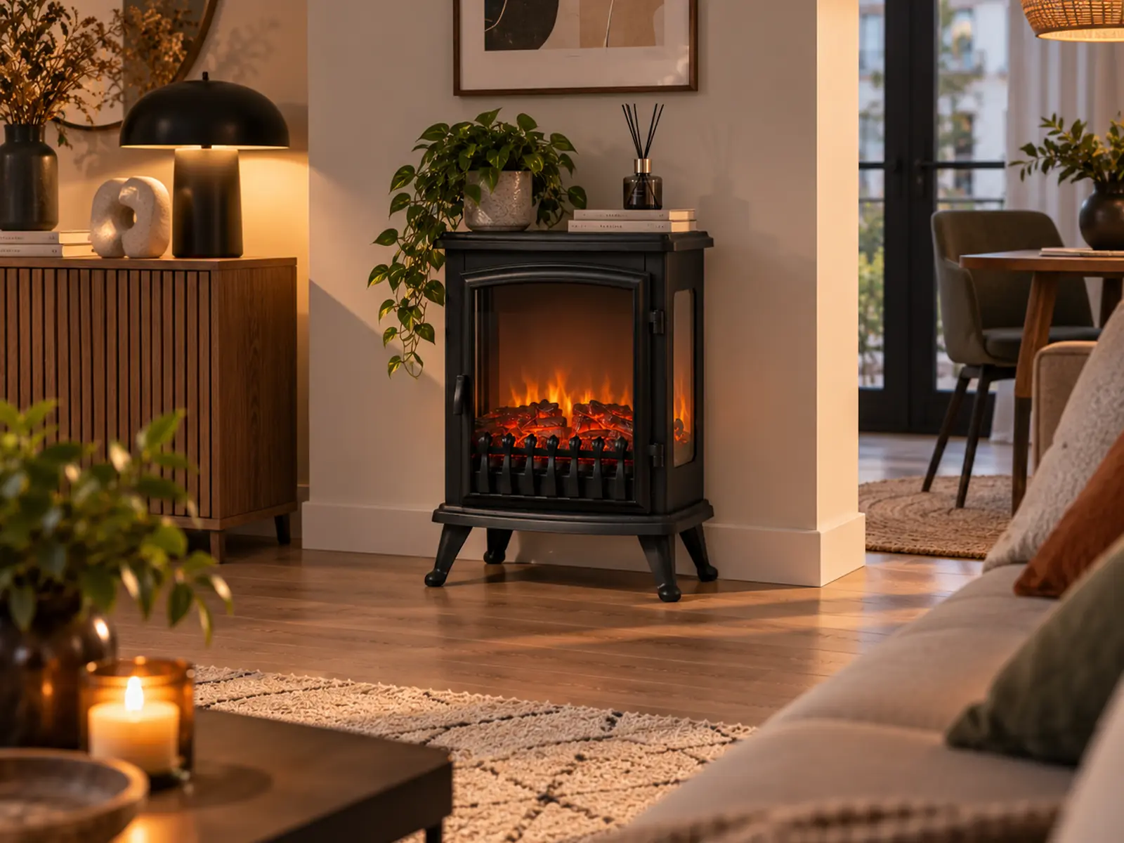 Chemin’Arte Fire Glass 45 cm Electric Fireplace with 3D Flame Effect, lifestyle view 2