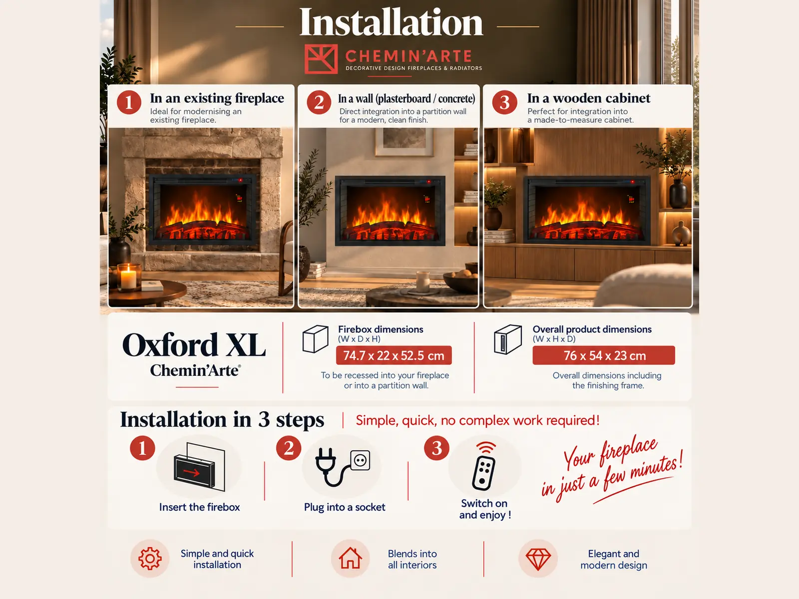 Oxford XL built-in electric fireplace 76cm | Chemin'Arte